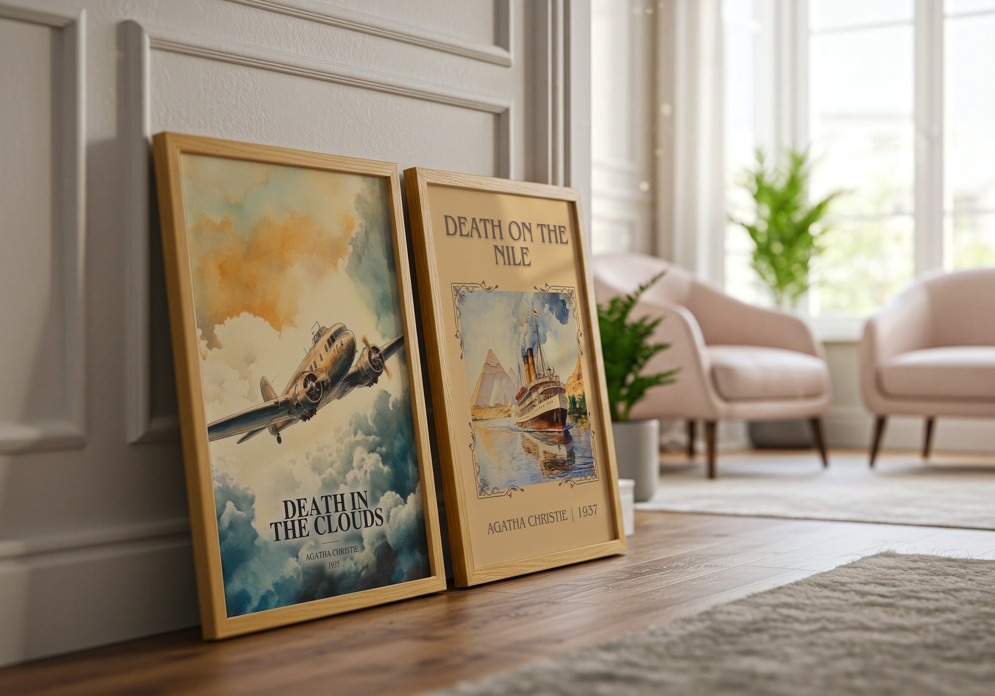 Death In The Clouds watercolour print framed by window – literary home decor