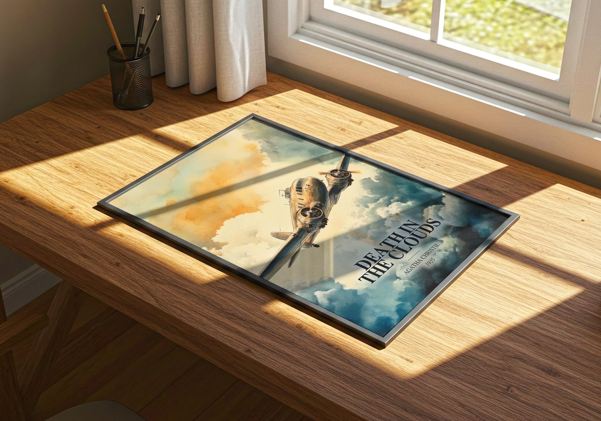 Death In The Clouds watercolour book poster framed on wall – mystery wall art