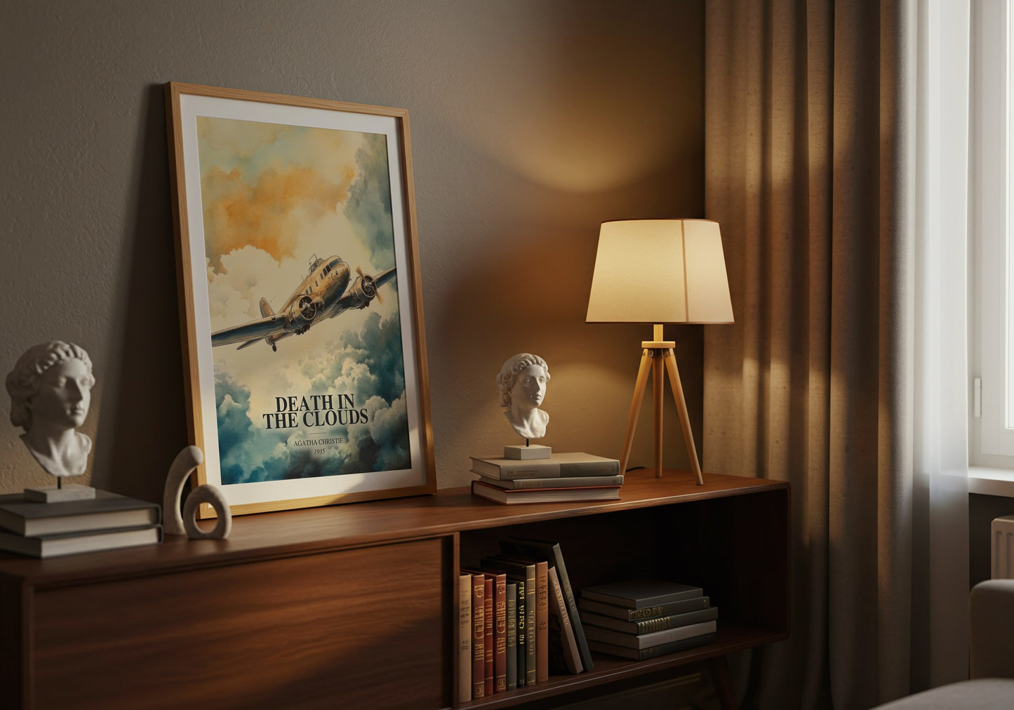 Death In The Clouds watercolour print on bookshelf – Agatha Christie fan gift