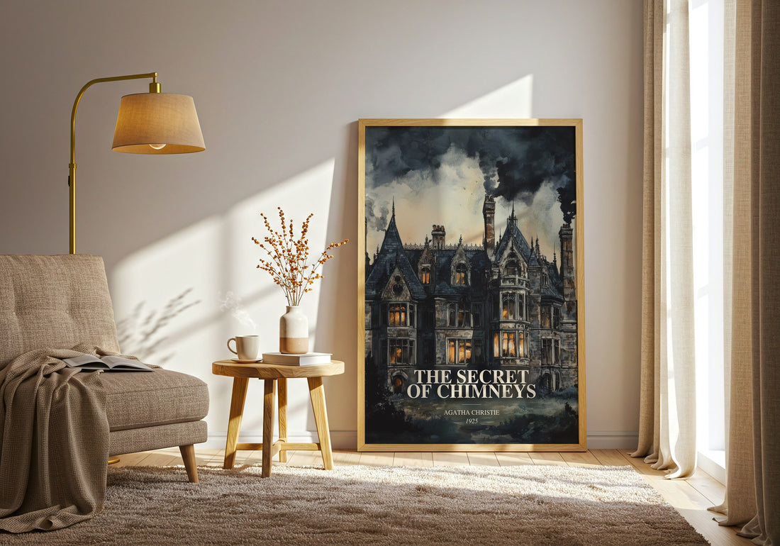 The Secret Of Chimneys watercolour print in frame leaning in hallway – mystery wall art (mockup)