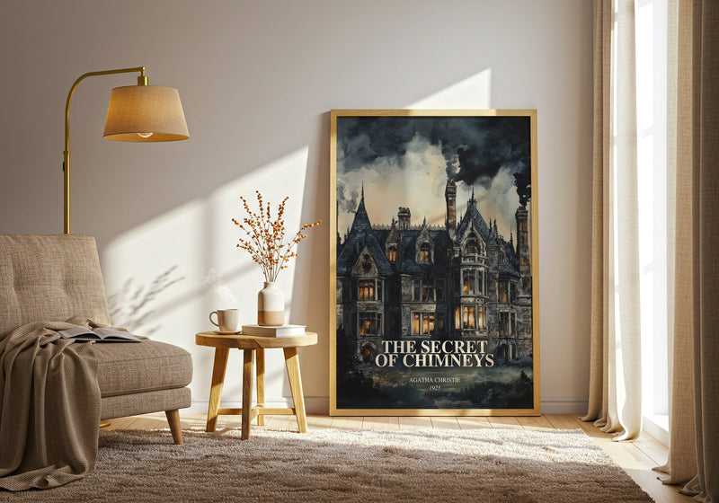 The Secret Of Chimneys watercolour print in frame leaning in hallway – mystery wall art