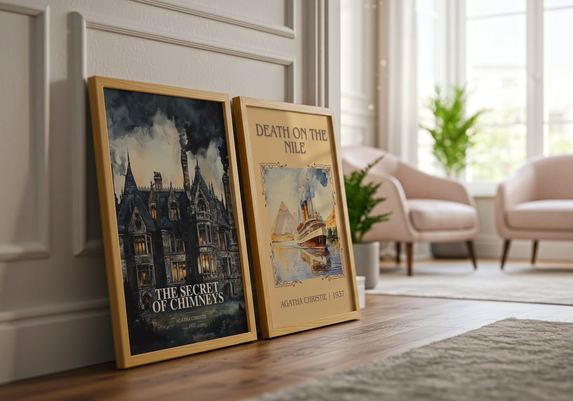 The Secret Of Chimneys watercolour print framed by window – literary home decor