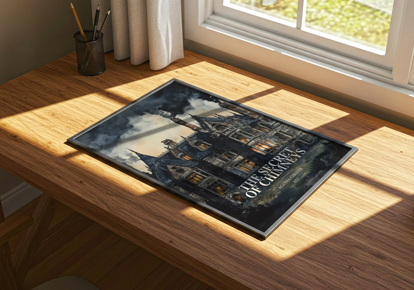 The Secret Of Chimneys watercolour book poster framed on wall – mystery wall art