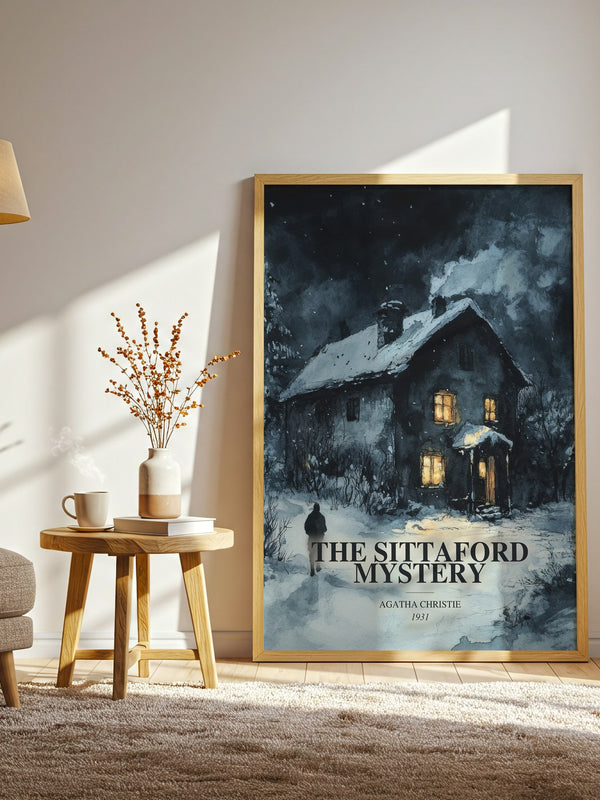 The Sittaford Mystery watercolour print in frame leaning in hallway – mystery wall art