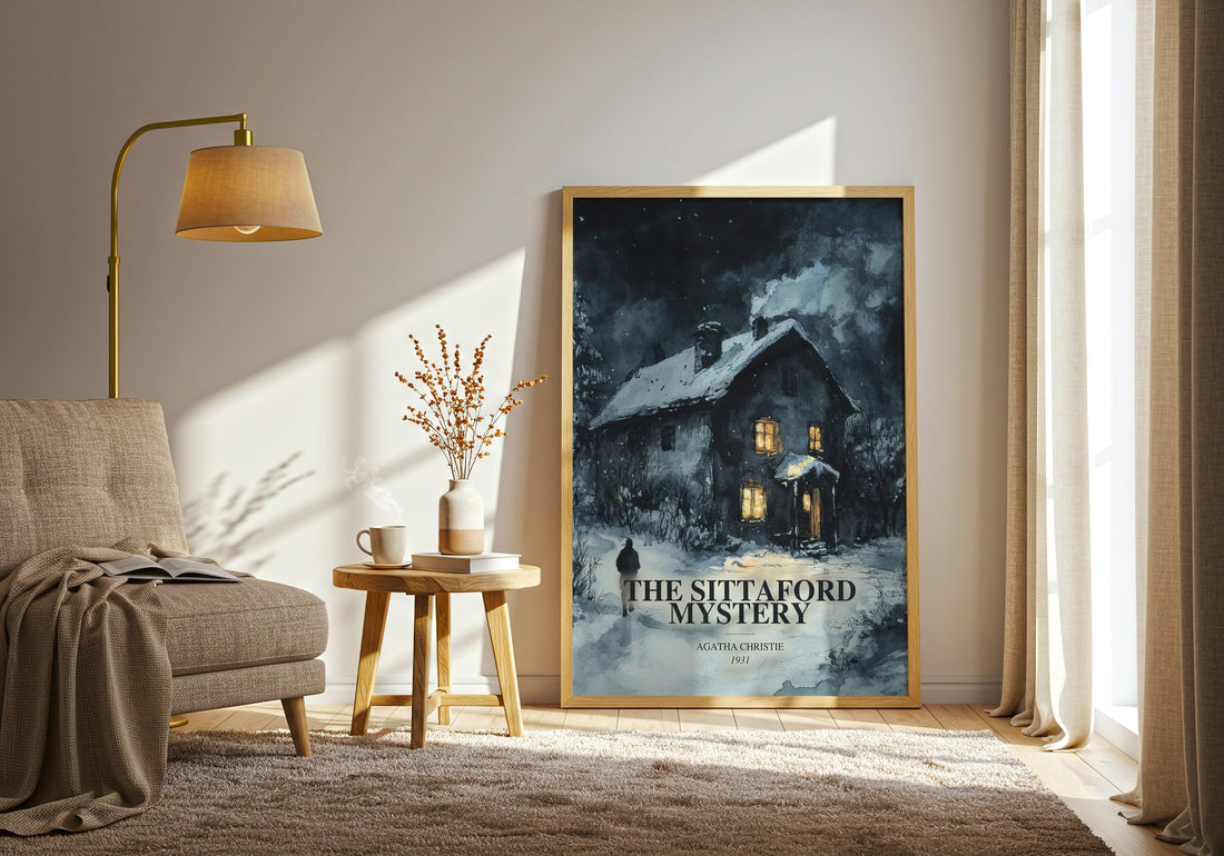 The Sittaford Mystery watercolour print in frame leaning in hallway – mystery wall art (mockup)
