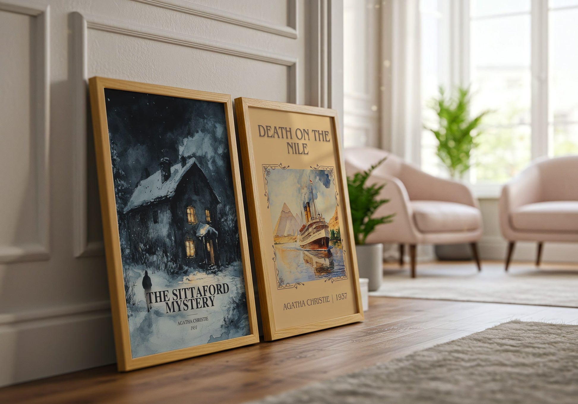 The Sittaford Mystery watercolour print framed by window – literary home decor