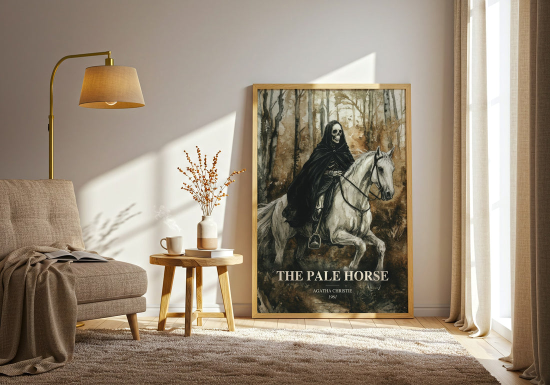 The Pale Horse watercolour print in frame leaning in hallway – mystery wall art (mockup)
