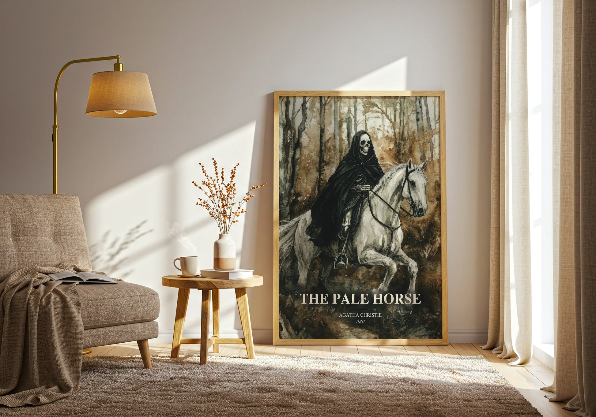 The Pale Horse watercolour print in frame leaning in hallway – mystery wall art