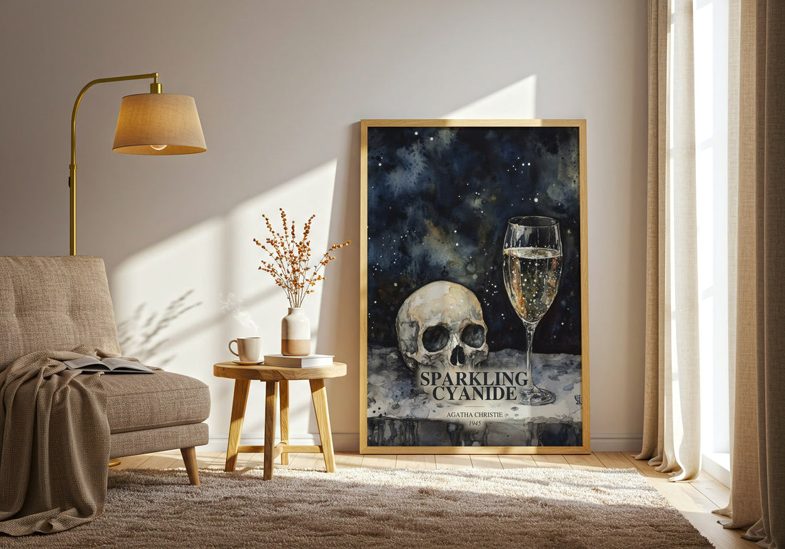 Sparkling Cyanide watercolour print in frame leaning in hallway – mystery wall art (mockup)