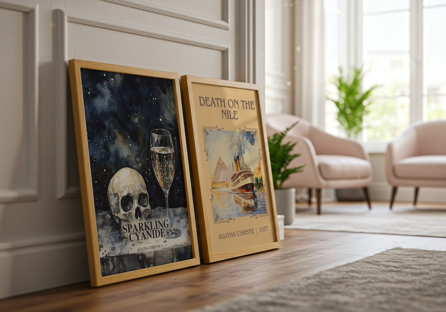 Sparkling Cyanide watercolour print framed by window – literary home decor