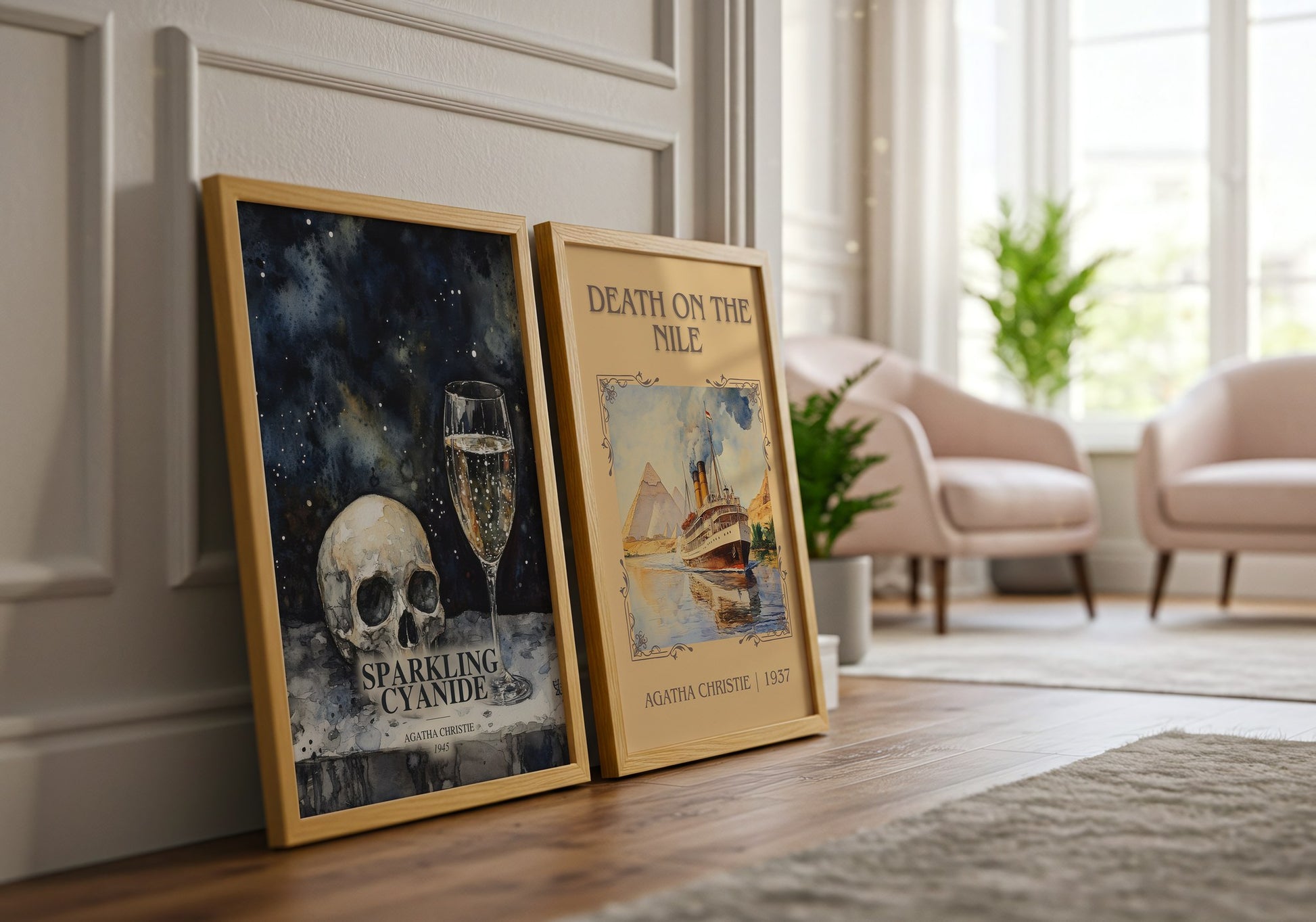Sparkling Cyanide watercolour print framed by window – literary home decor