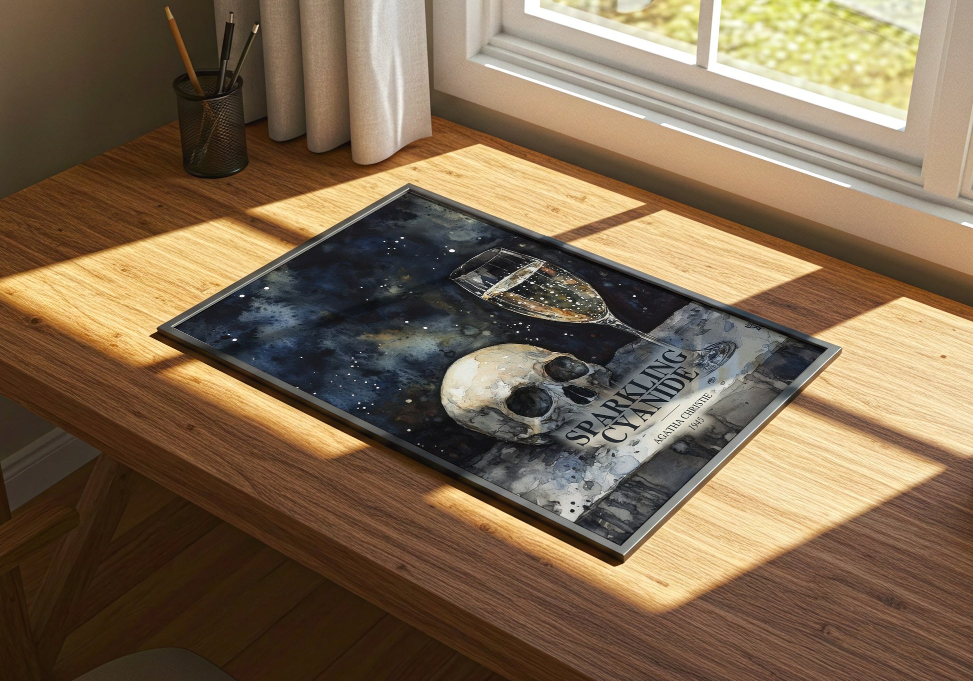 Sparkling Cyanide watercolour book poster framed on wall – mystery wall art