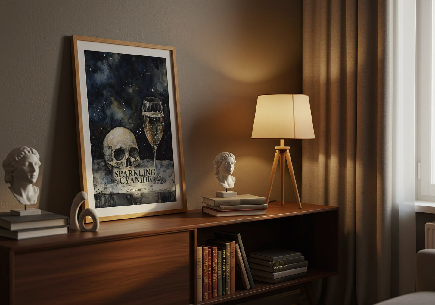 Sparkling Cyanide watercolour print on bookshelf – Agatha Christie fan gift