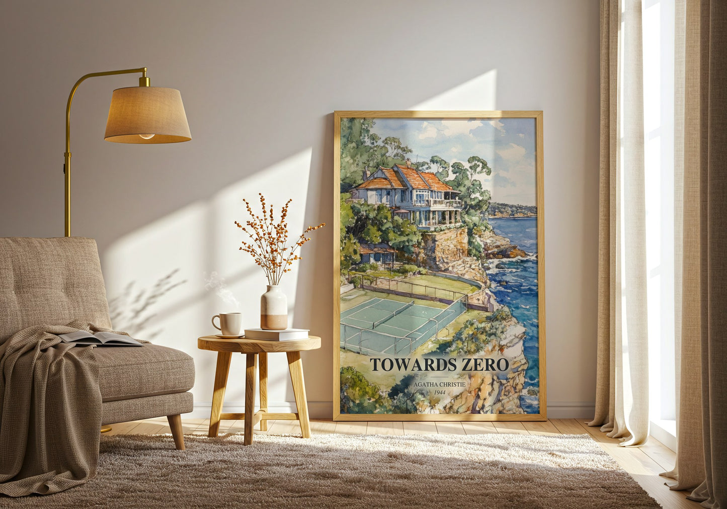 Towards Zero watercolour print in frame leaning in hallway – mystery wall art
