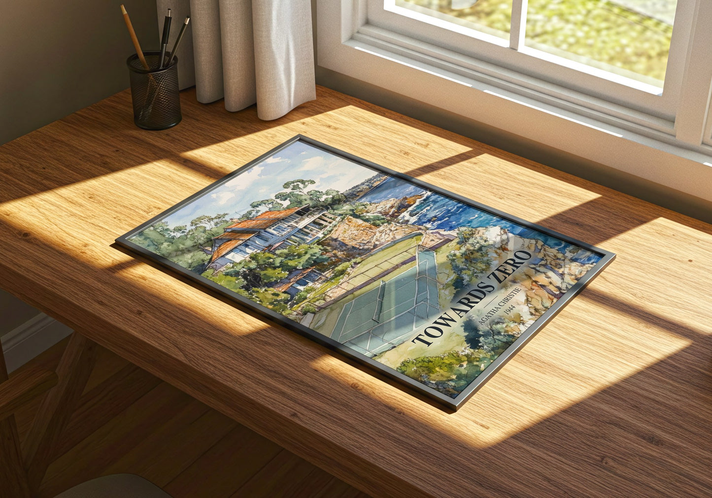 Towards Zero watercolour book poster framed on wall – mystery wall art