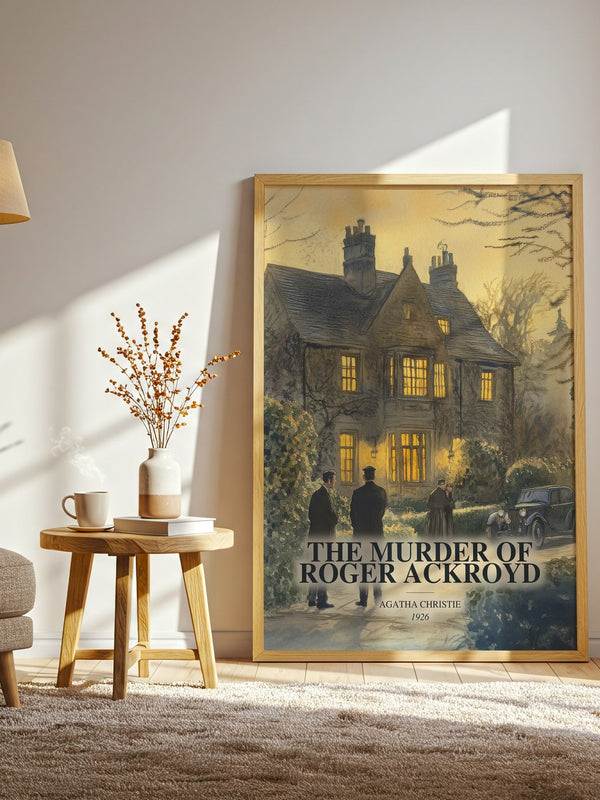 The Murder Of Roger Ackroyd watercolour print in frame leaning in hallway – mystery wall art