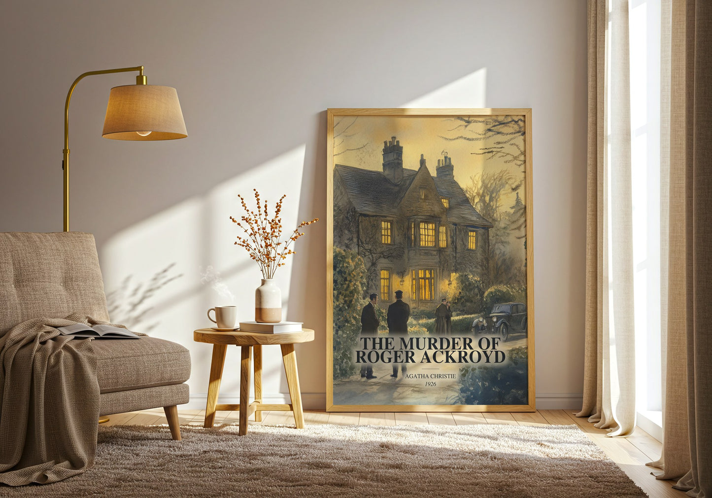 The Murder Of Roger Ackroyd watercolour print in frame leaning in hallway – mystery wall art