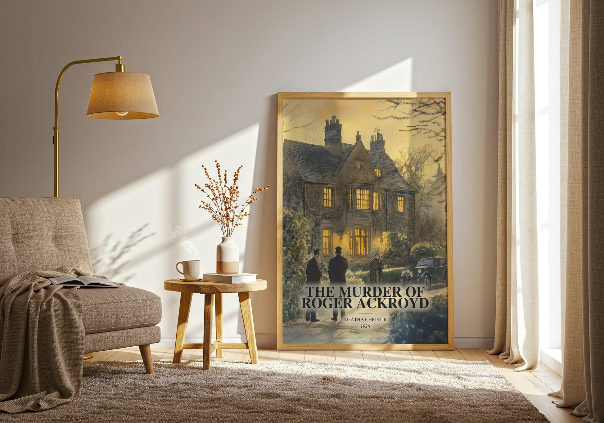 The Murder Of Roger Ackroyd watercolour print in frame leaning in hallway – mystery wall art