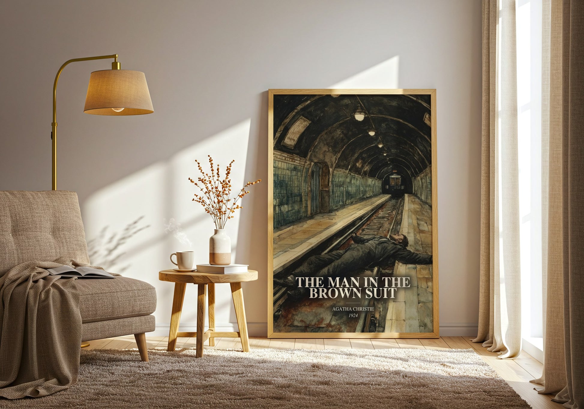 The Man In The Brown Suit watercolour print in frame leaning in hallway – mystery wall art