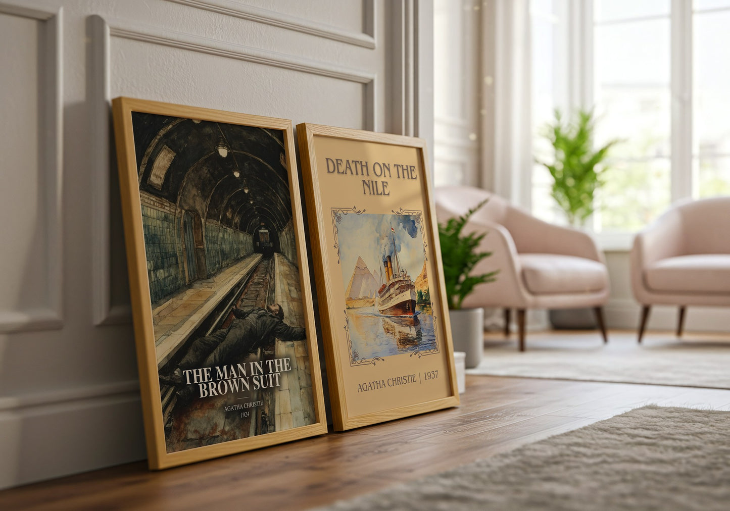 The Man In The Brown Suit watercolour print framed by window – literary home decor