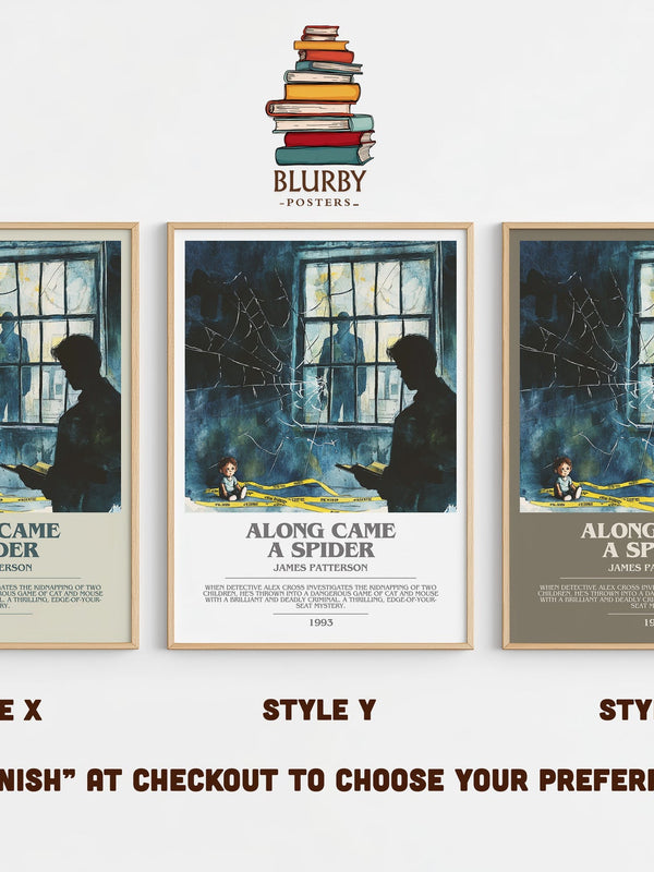 Along Came a Spider bookish print in frame leaning in hallway – mystery wall art