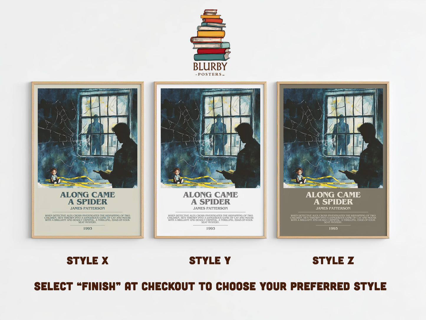 Along Came a Spider bookish print in frame leaning in hallway – mystery wall art