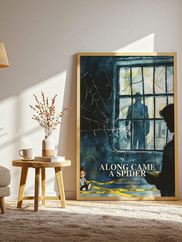 Along Came A Spider watercolour print in frame leaning in hallway – thriller wall art