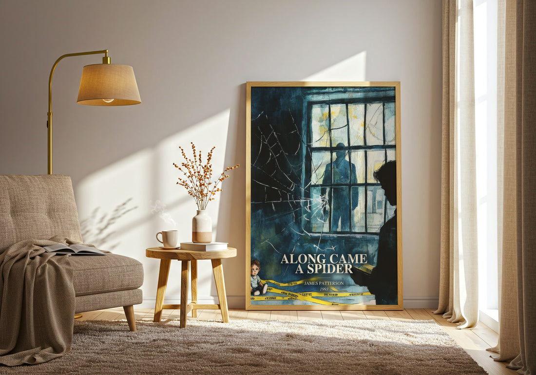 Along Came A Spider watercolour print in frame leaning in hallway – thriller wall art (mockup)
