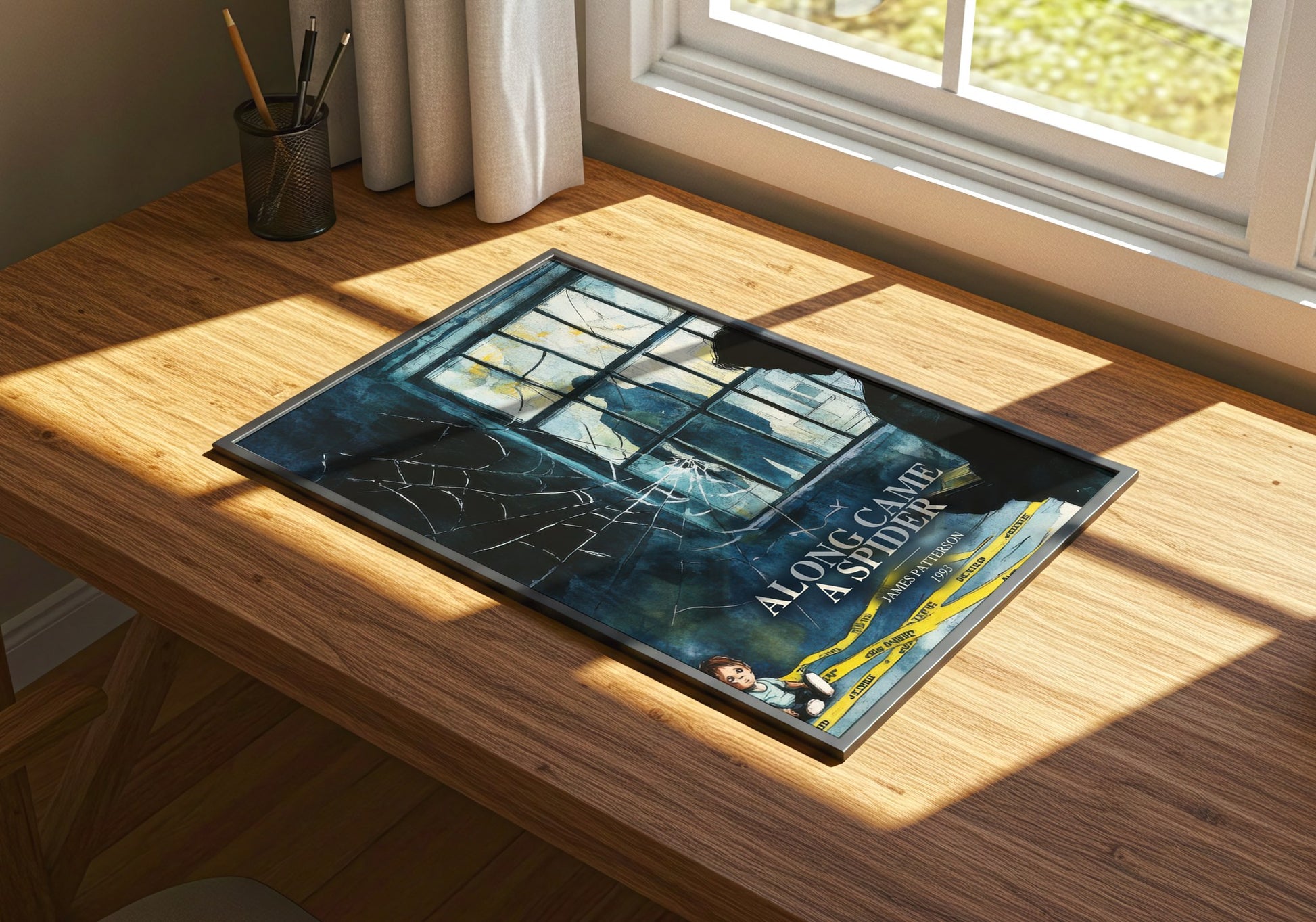 Along Came A Spider watercolour book poster framed on wall – thriller wall art