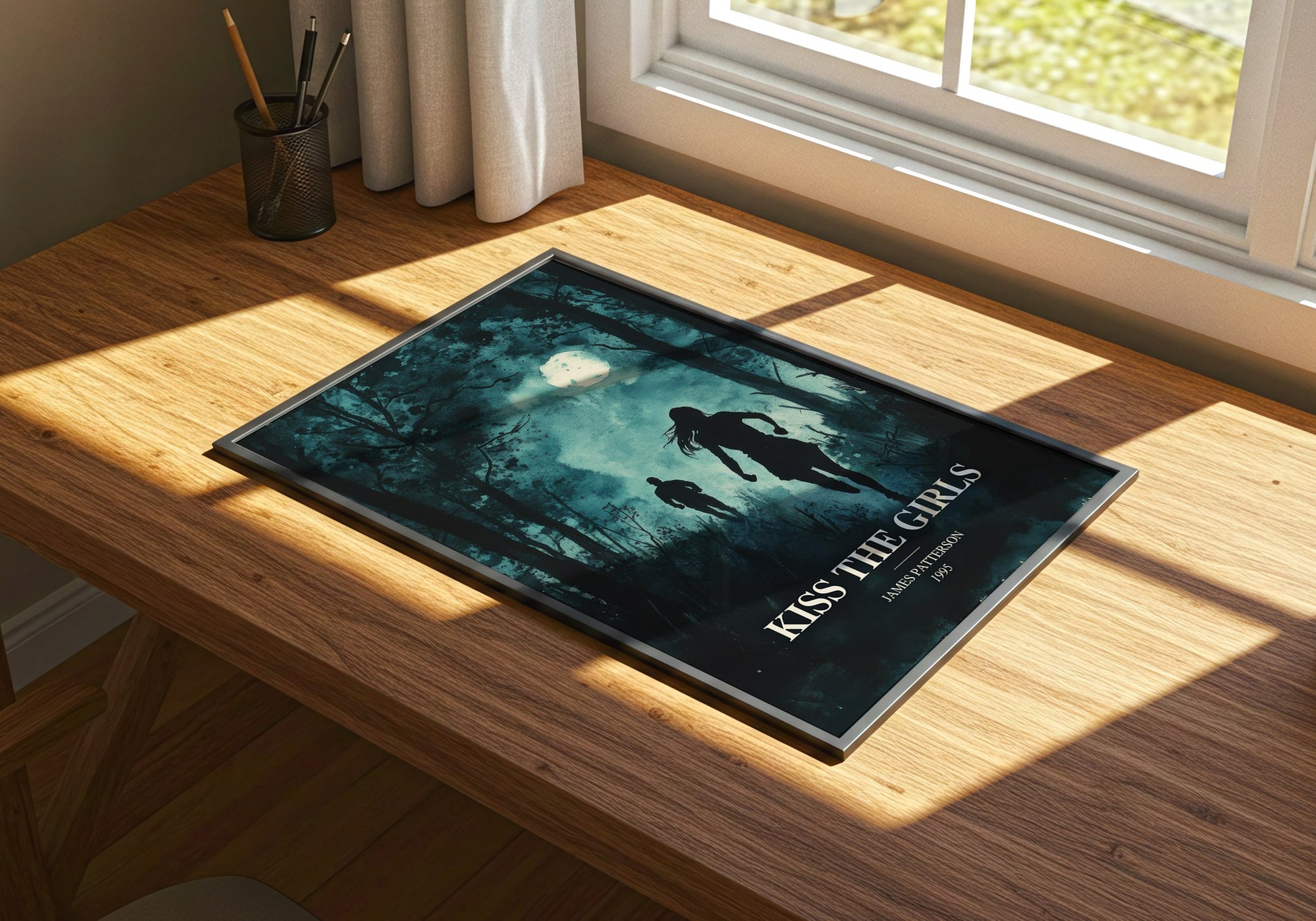Kiss The Girls watercolour book poster framed on wall – thriller wall art