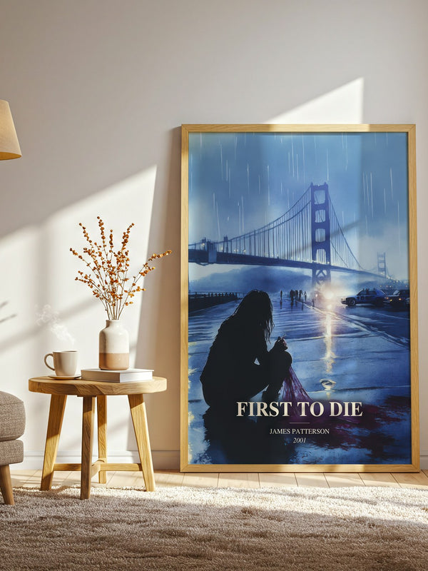 First To Die watercolour print in frame leaning in hallway – thriller wall art