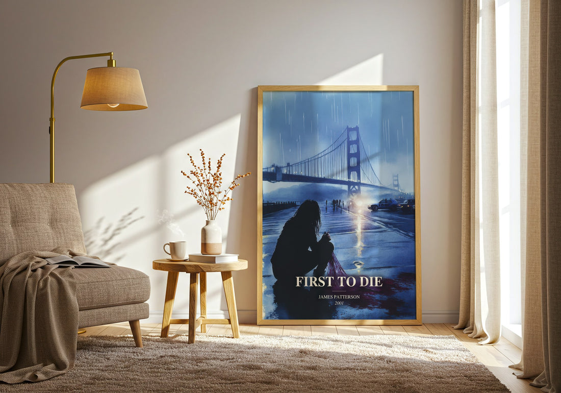 First To Die watercolour print in frame leaning in hallway – thriller wall art (mockup)