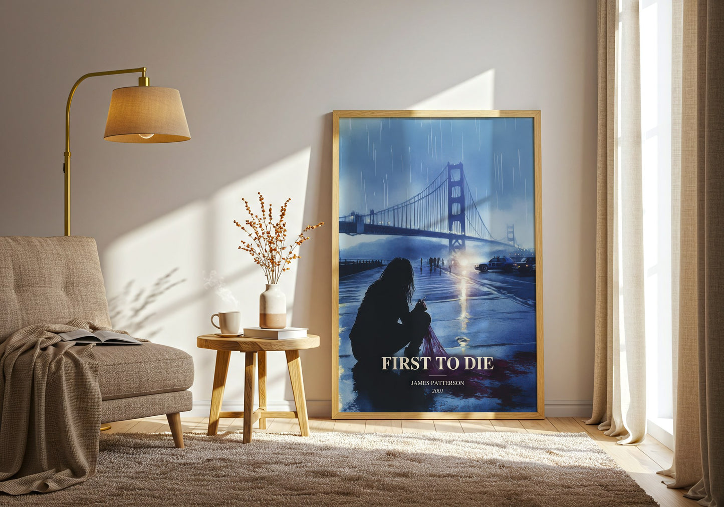 First To Die watercolour print in frame leaning in hallway – thriller wall art