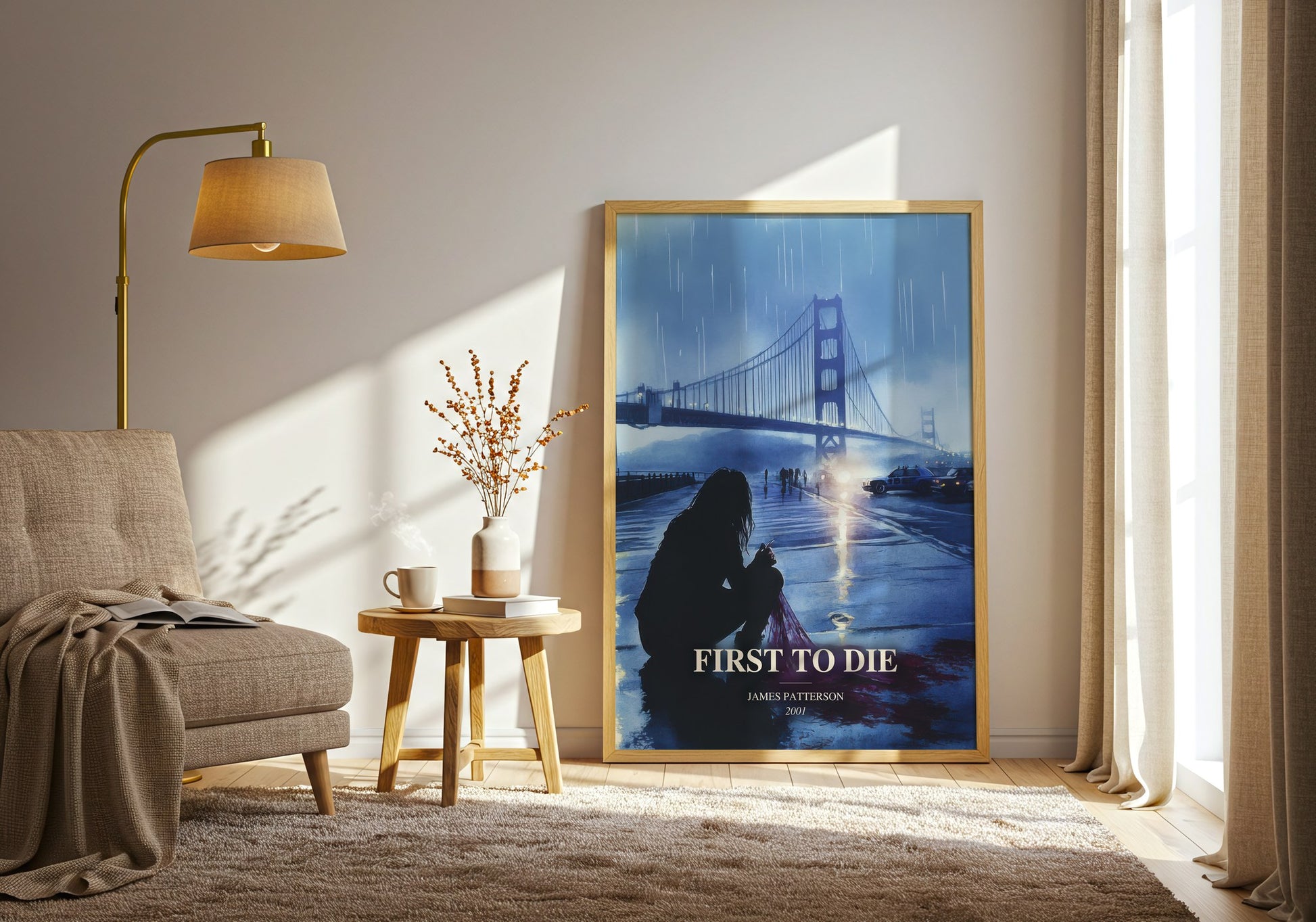 First To Die watercolour print in frame leaning in hallway – thriller wall art