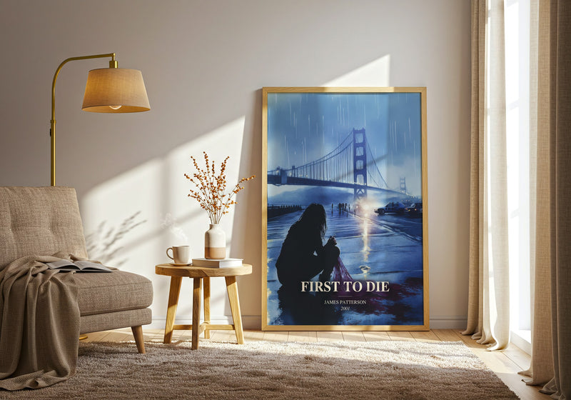 First To Die watercolour print in frame leaning in hallway – thriller wall art