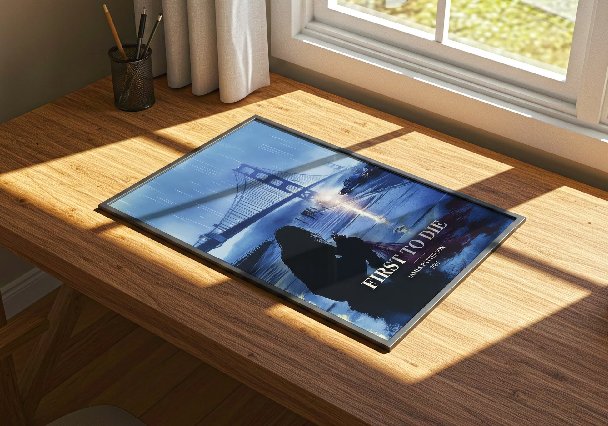 First To Die watercolour book poster framed on wall – thriller wall art