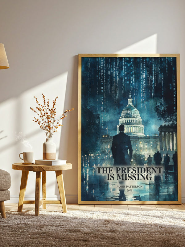The President Is Missing watercolour print in frame leaning in hallway – thriller wall art