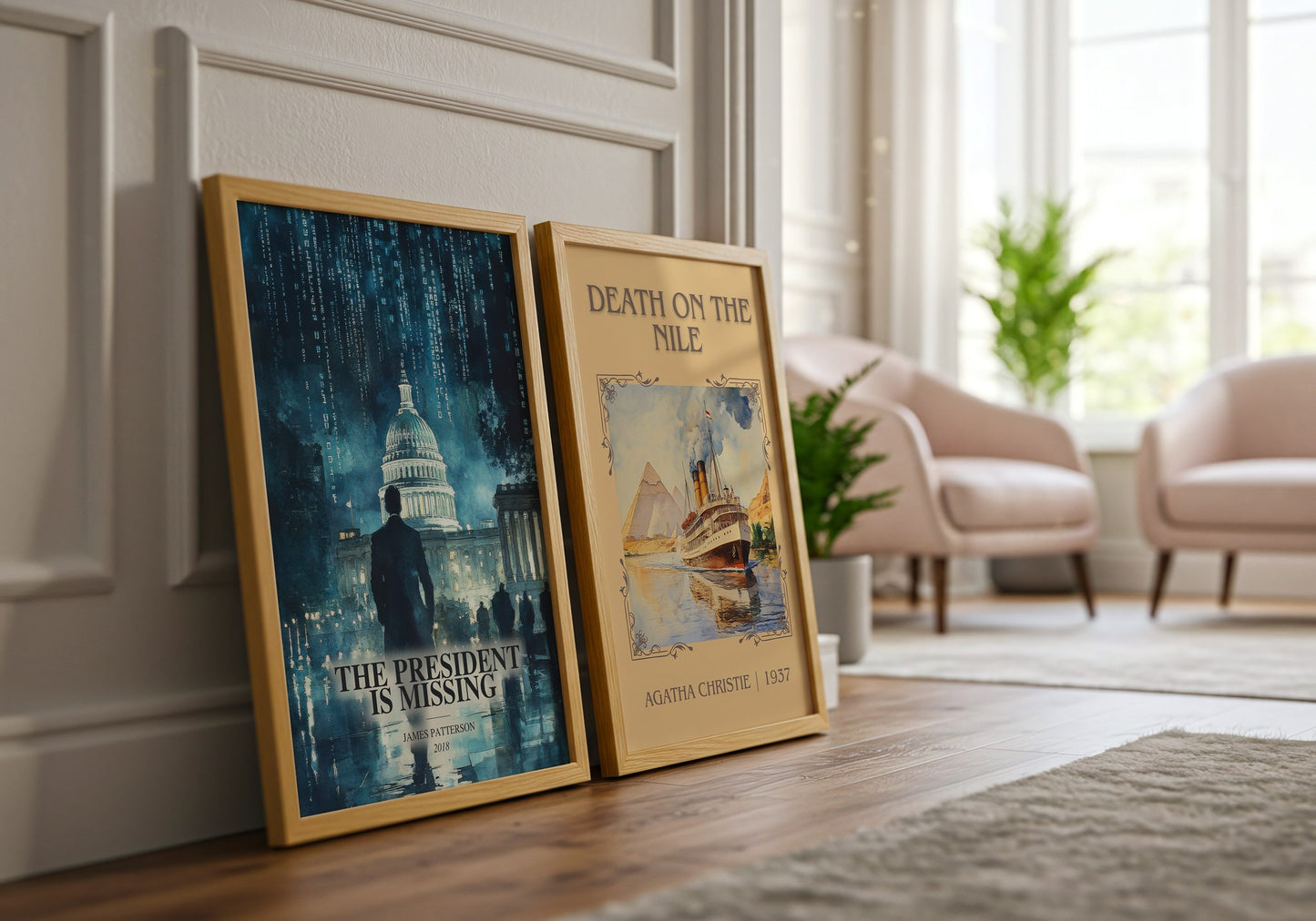 The President Is Missing watercolour print framed by window – literary home decor