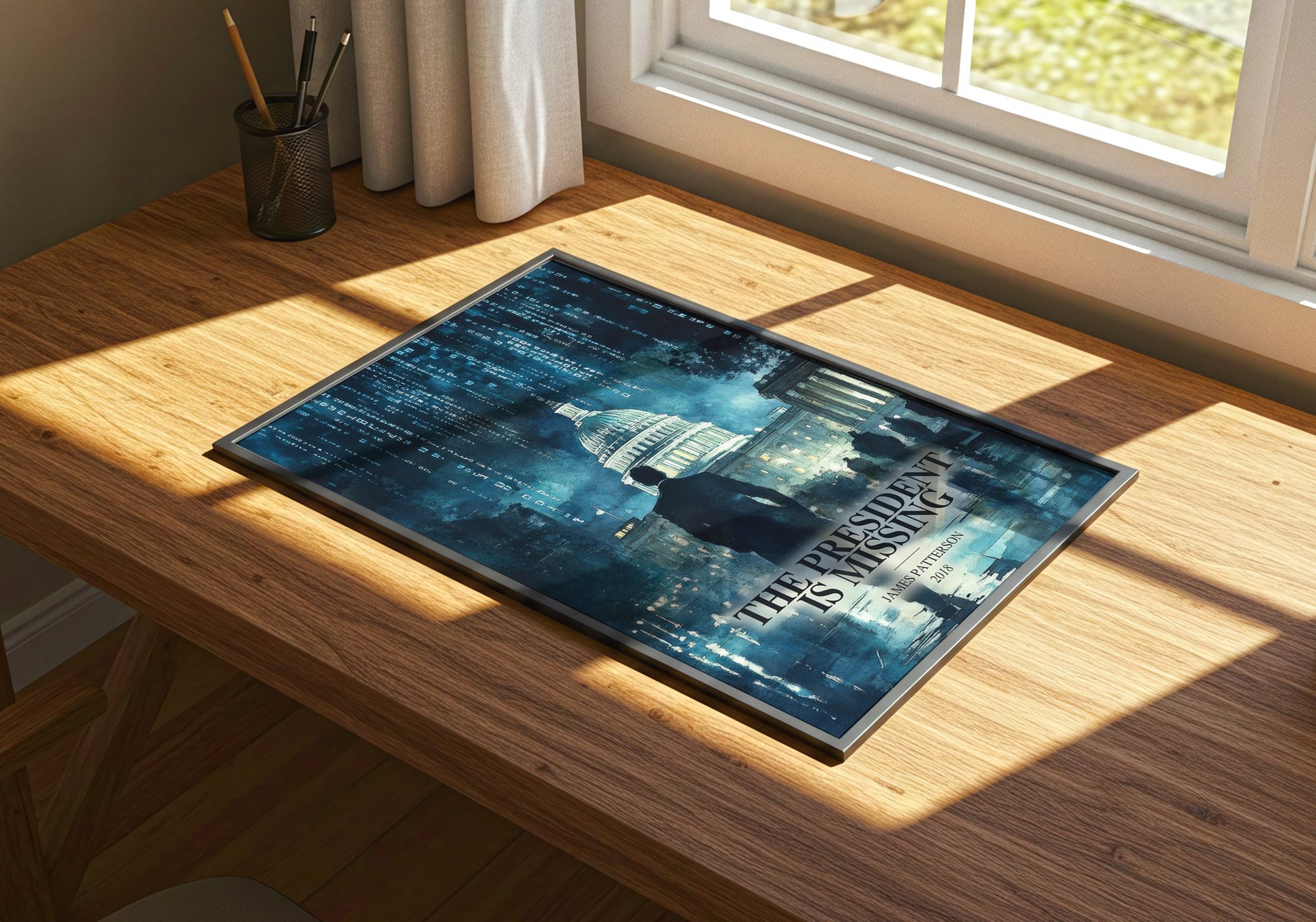 The President Is Missing watercolour book poster framed on wall – thriller wall art