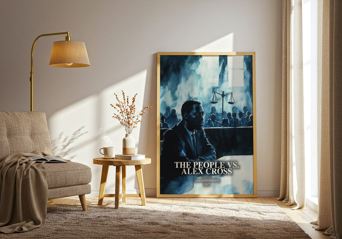 The People Vs. Alex Cross watercolour print in frame leaning in hallway – thriller wall art (mockup)