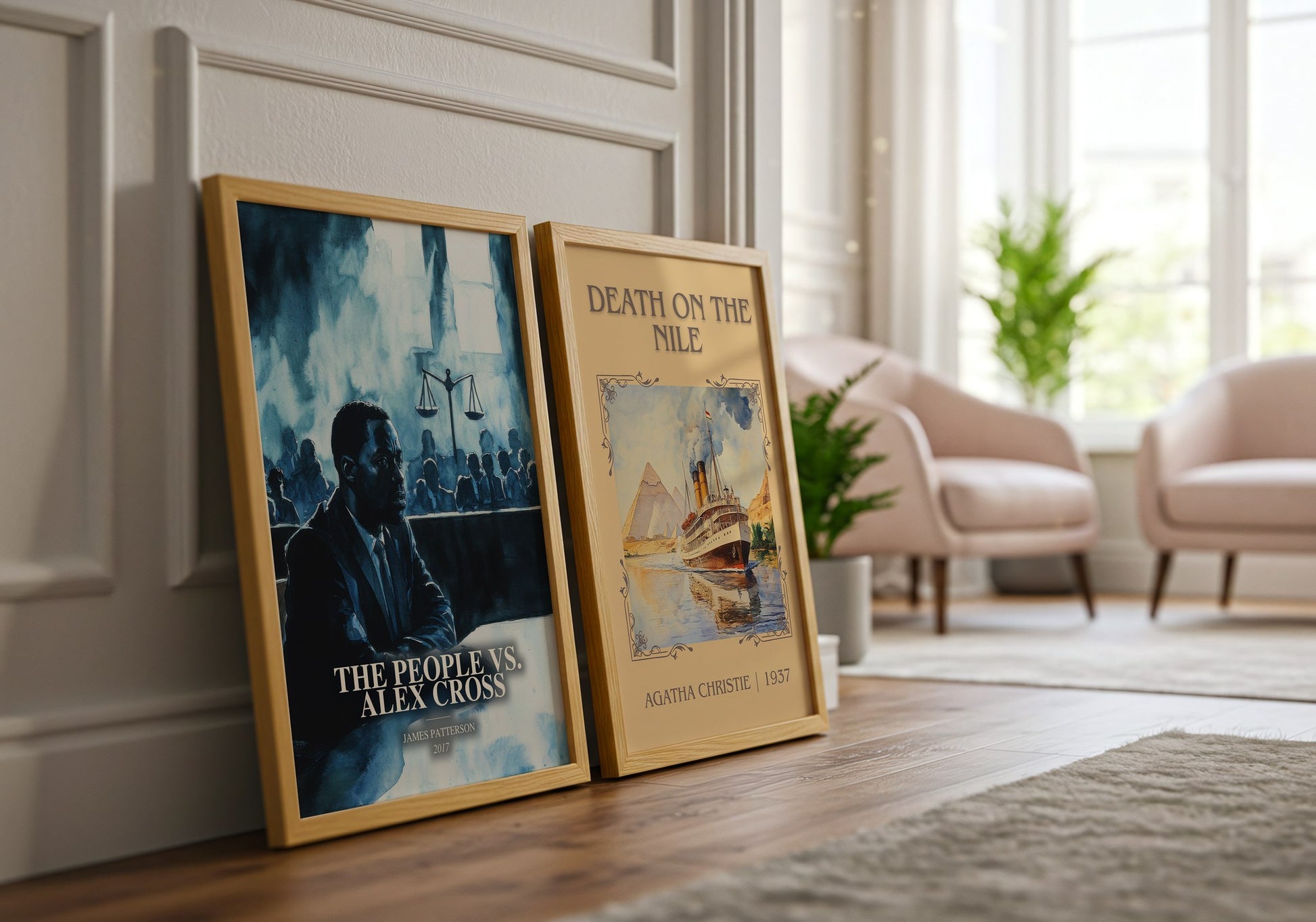 The People Vs. Alex Cross watercolour print framed by window – literary home decor
