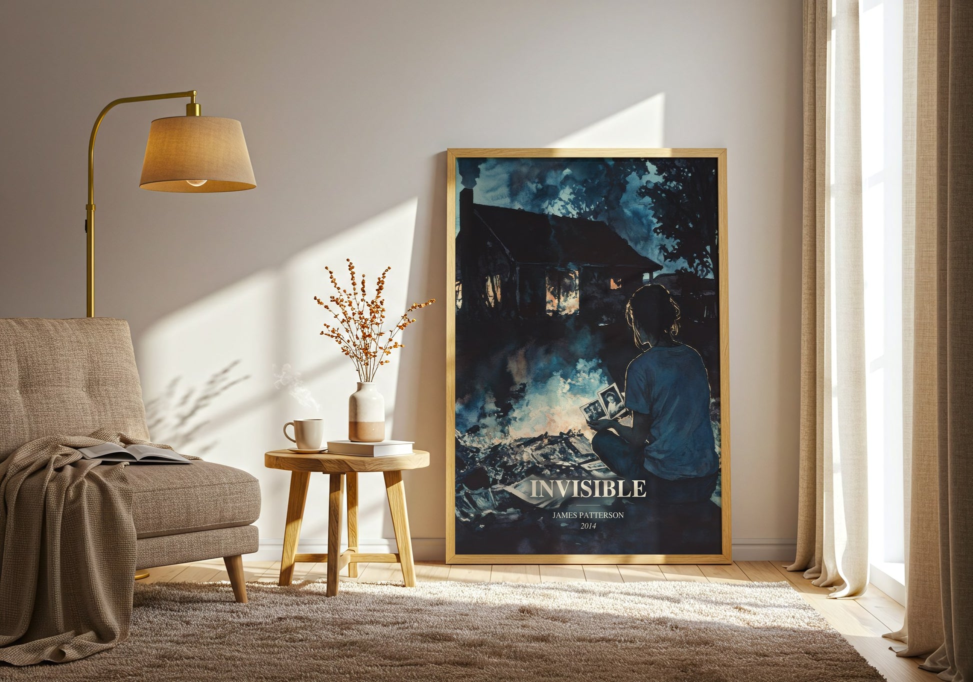 Invisible watercolour print in frame leaning in hallway – thriller wall art