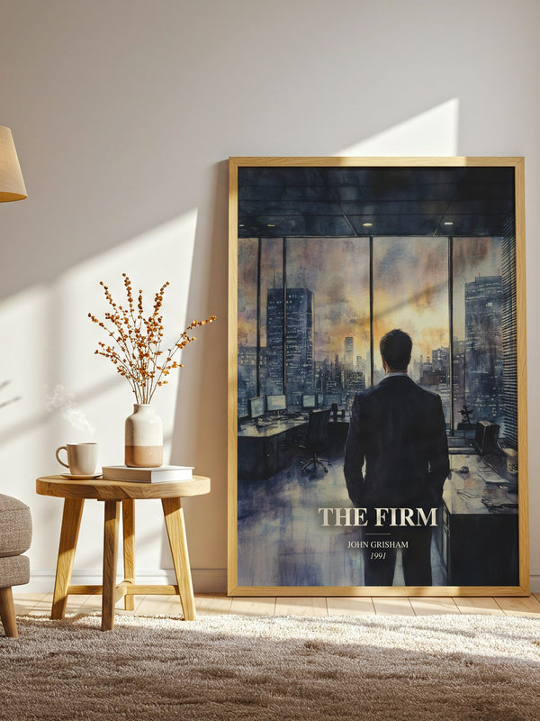 The Firm watercolour print in frame leaning in hallway – thriller wall art