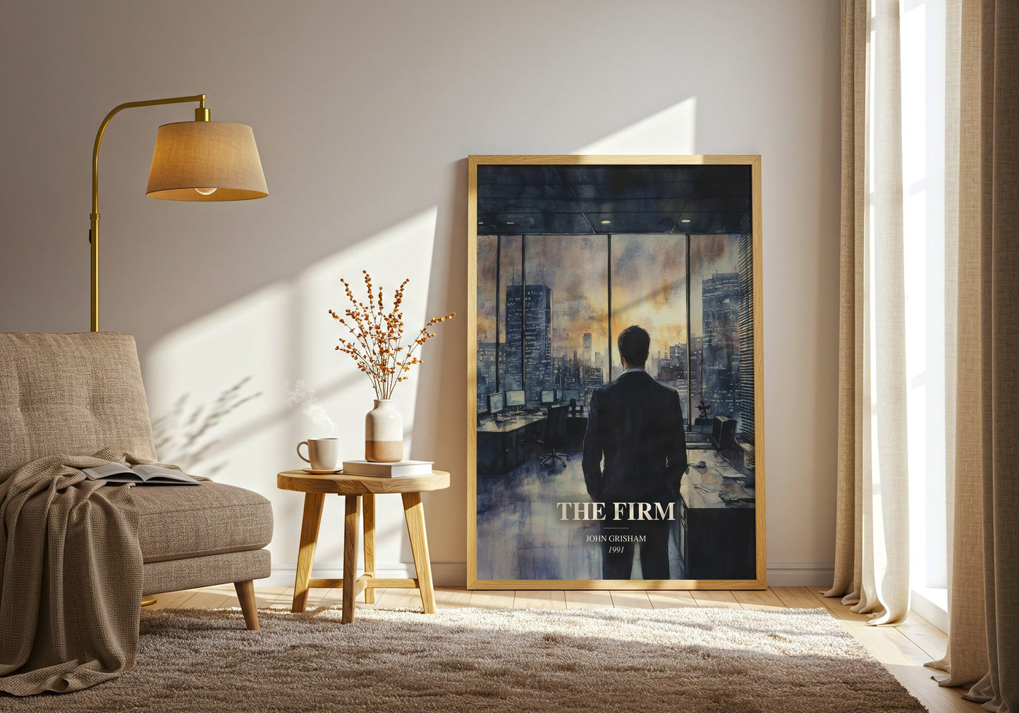 The Firm watercolour print in frame leaning in hallway – thriller wall art