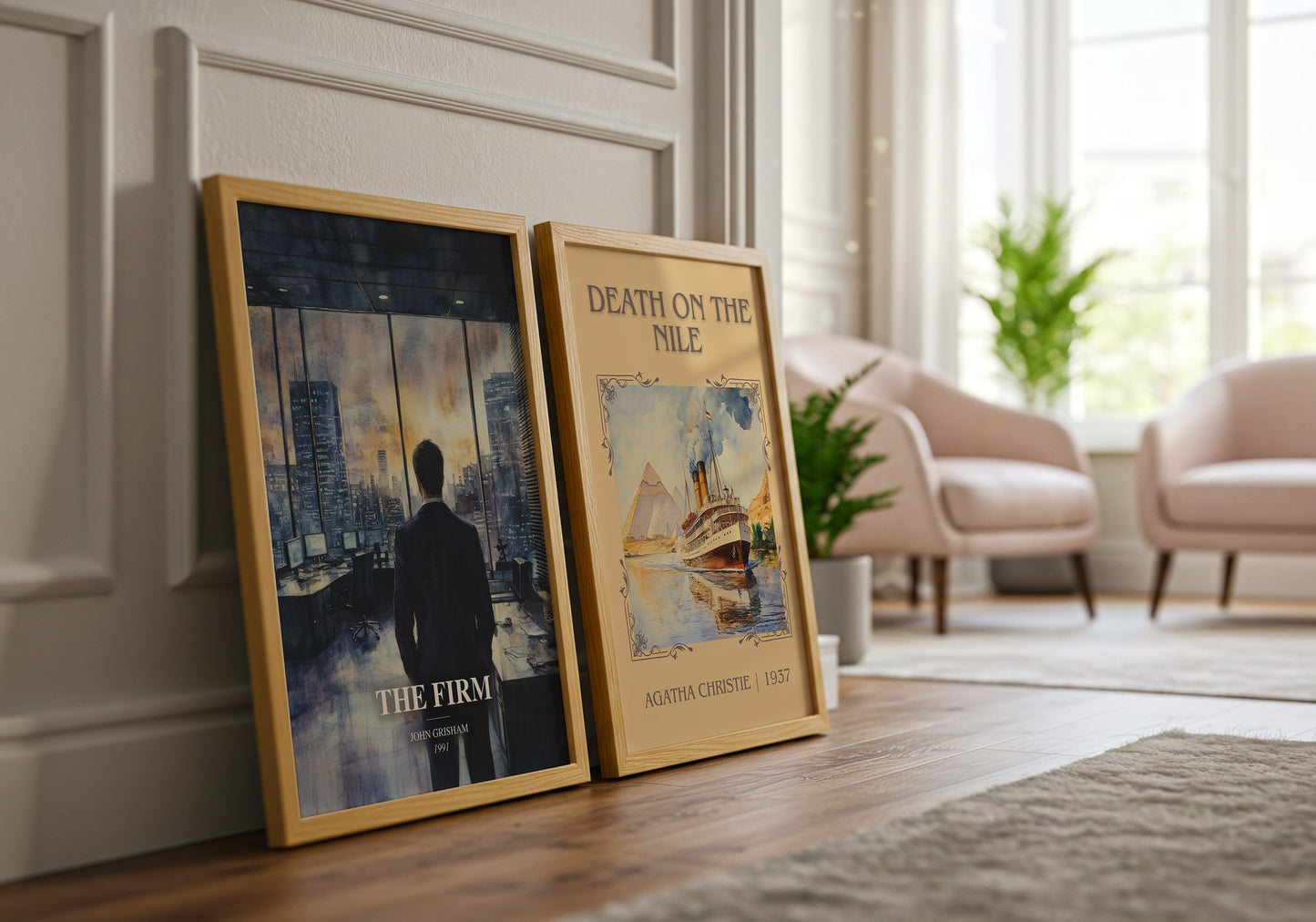 The Firm watercolour print framed by window – literary home decor