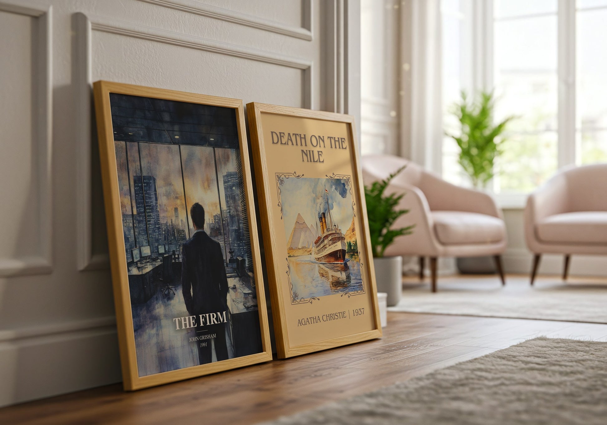 The Firm watercolour print framed by window – literary home decor