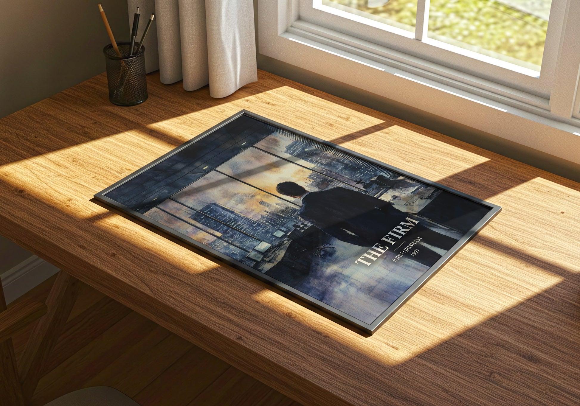 The Firm watercolour book poster framed on wall – thriller wall art