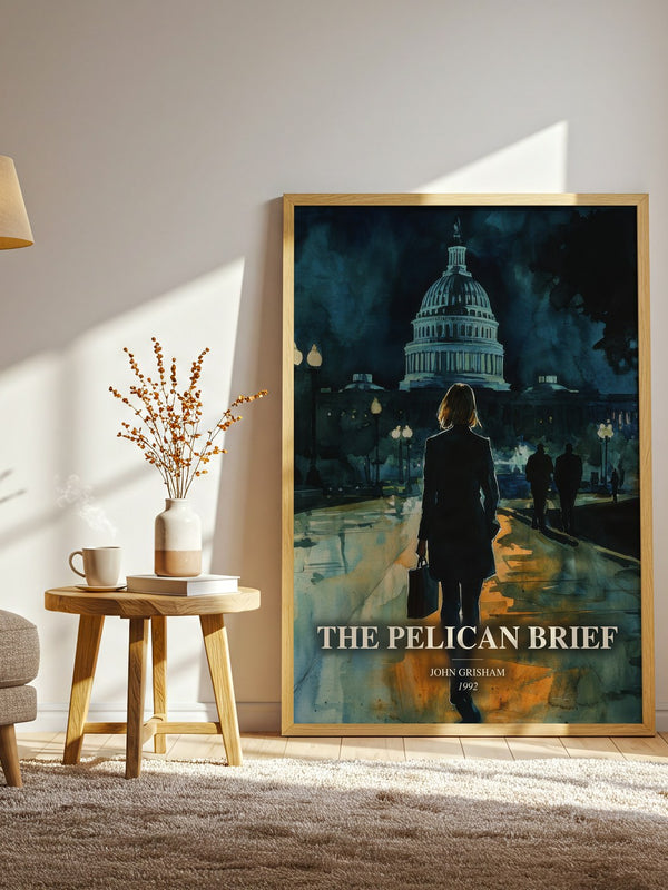 The Pelican Brief watercolour print in frame leaning in hallway – thriller wall art
