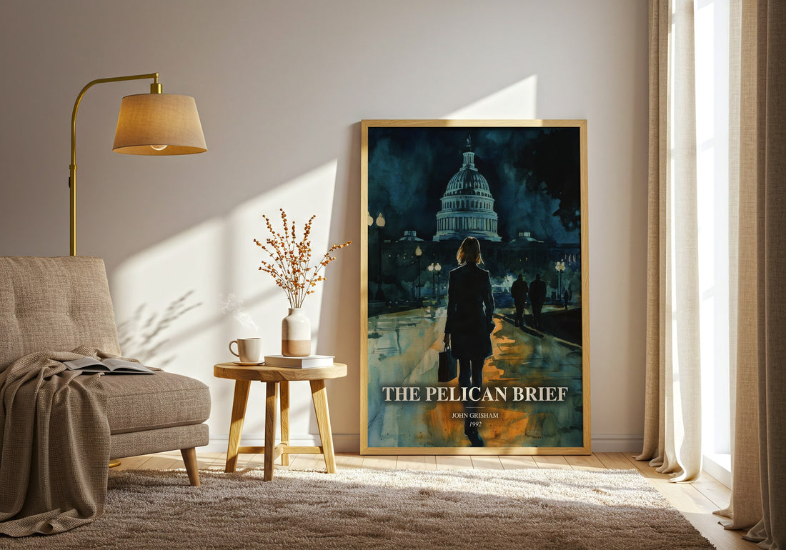 The Pelican Brief watercolour print in frame leaning in hallway – thriller wall art (mockup)