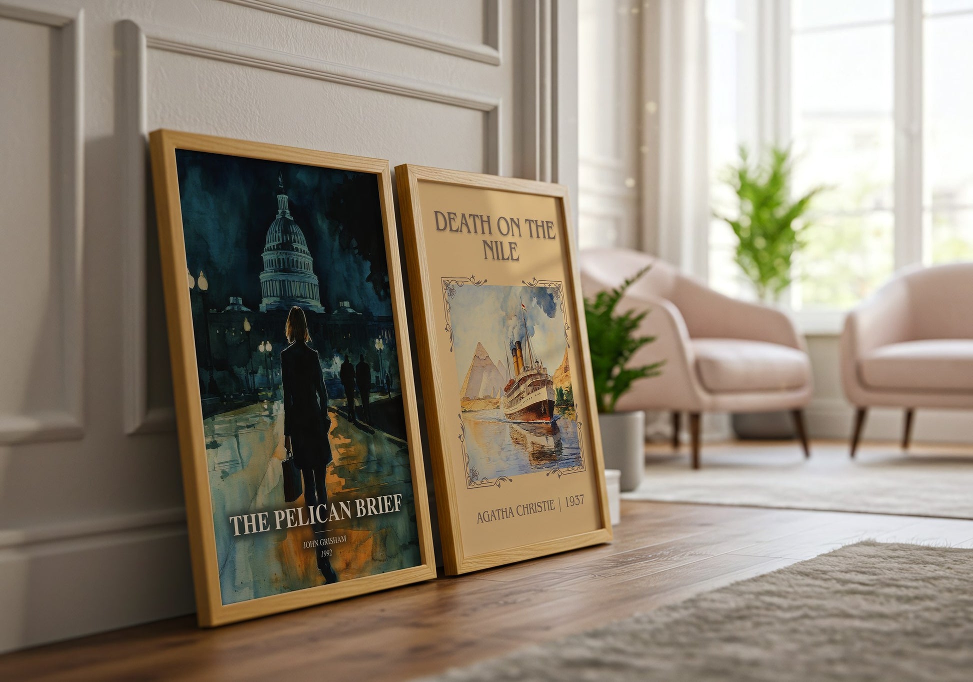 The Pelican Brief watercolour print framed by window – literary home decor